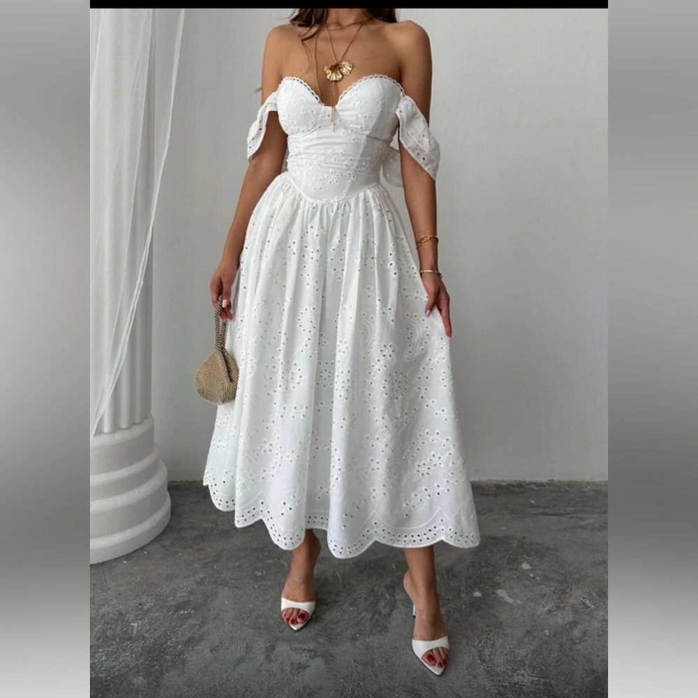Off-Shoulder White Eyelet Strapless Midi Dress
